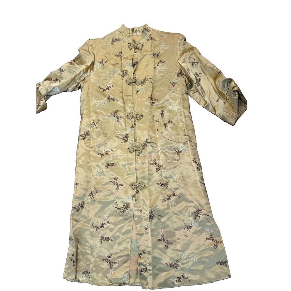 Vtg Hong Kong Chinese Silk Brocade Frog Closure Long Jacket Gold Floral Asian